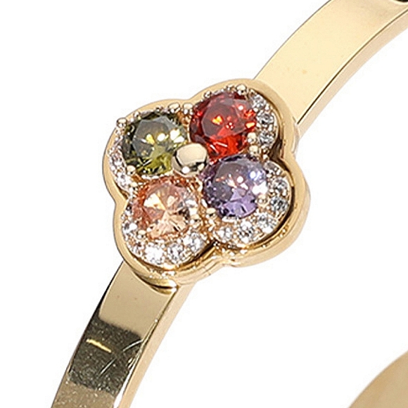 Gold CZ Stone Quatrefoil Clover Bracelet Bangle Hinged Rhinestone Crystal - Picture 3 of 3